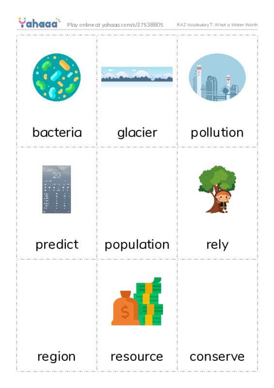 RAZ Vocabulary T: What is Water Worth PDF flaschards with images