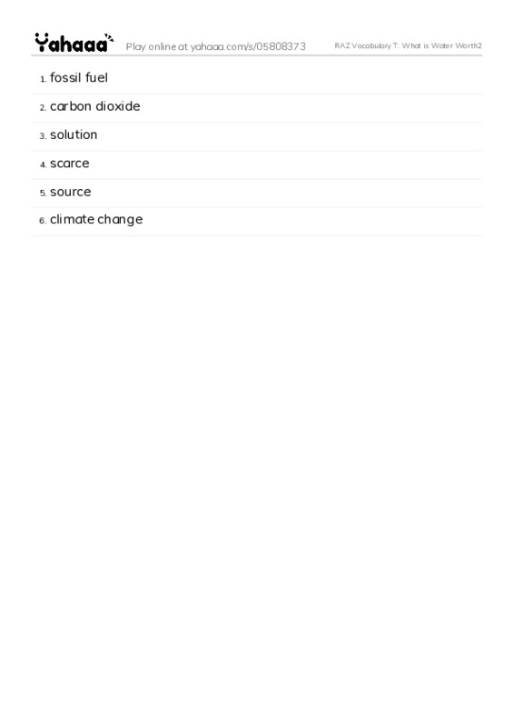 RAZ Vocabulary T: What is Water Worth2 PDF words glossary