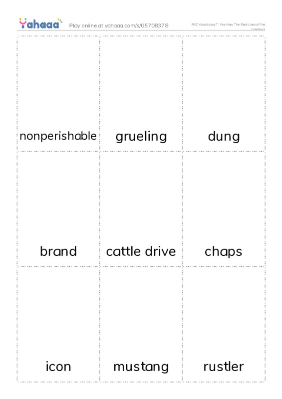 RAZ Vocabulary T: Yee Haw The Real Lives of the Cowboys PDF flaschards with images