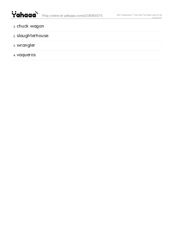 RAZ Vocabulary T: Yee Haw The Real Lives of the Cowboys2 PDF words glossary