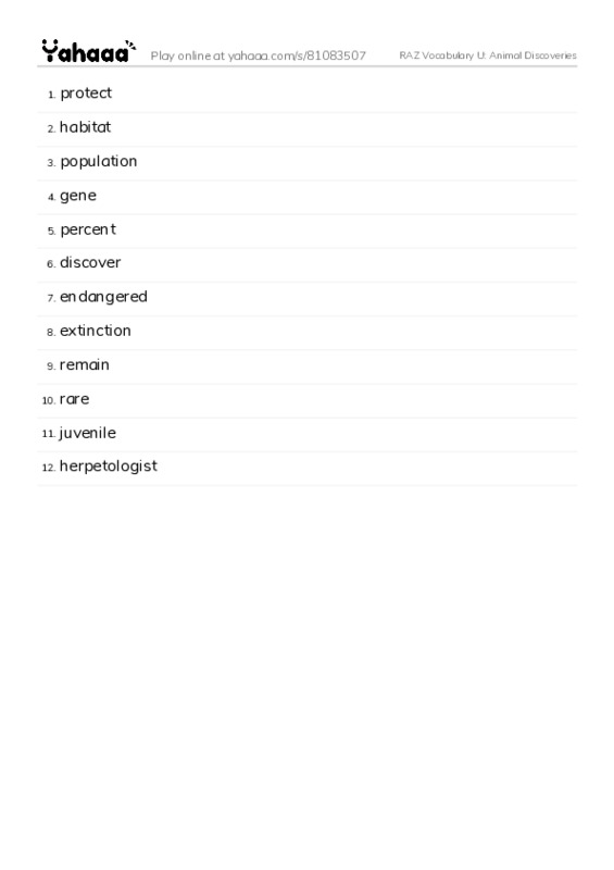 RAZ Vocabulary U: Animal Discoveries PDF words glossary