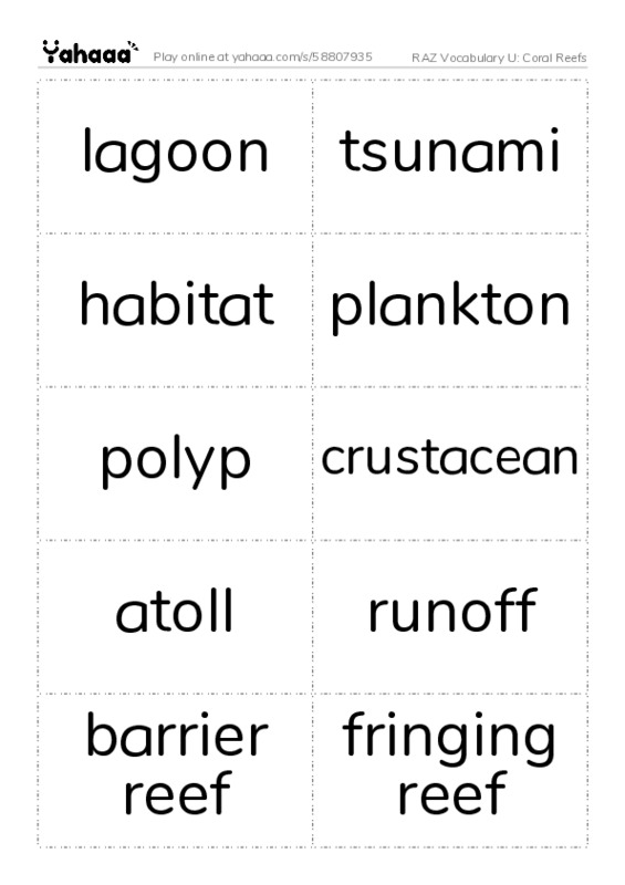 RAZ Vocabulary U: Coral Reefs PDF two columns flashcards