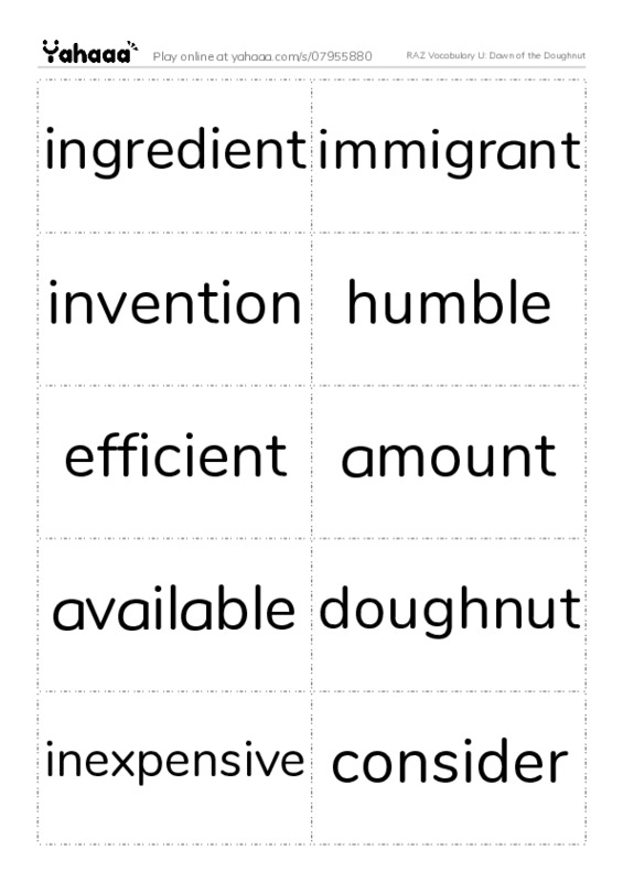 RAZ Vocabulary U: Dawn of the Doughnut PDF two columns flashcards