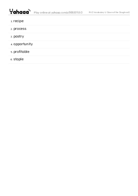 RAZ Vocabulary U: Dawn of the Doughnut2 PDF words glossary