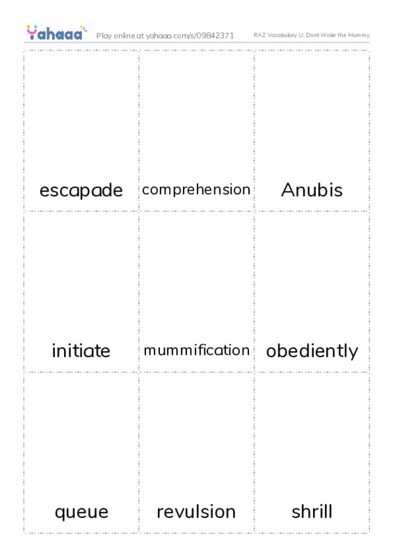 RAZ Vocabulary U: Dont Wake the Mummy PDF flaschards with images
