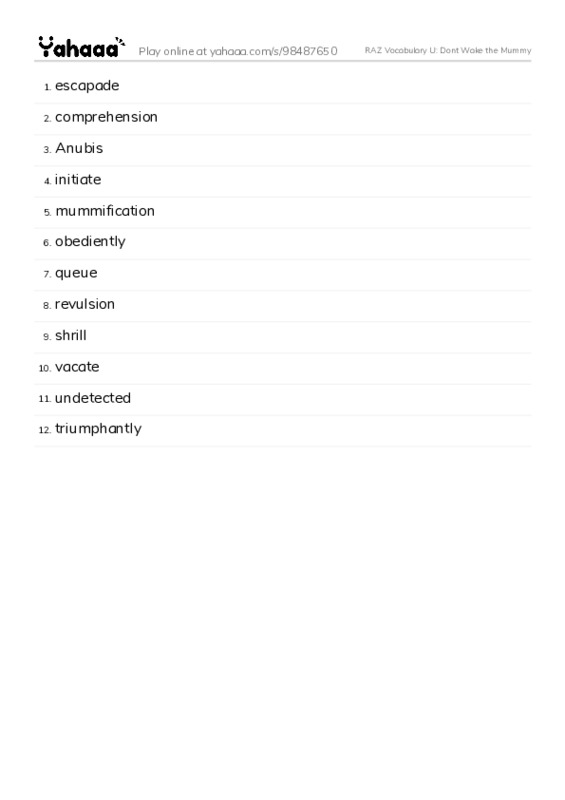 RAZ Vocabulary U: Dont Wake the Mummy PDF words glossary