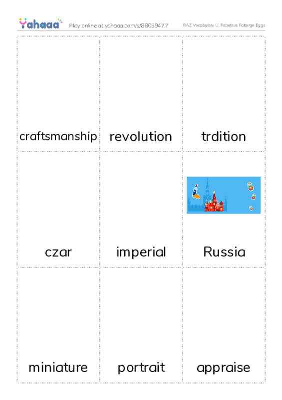 RAZ Vocabulary U: Fabulous Faberge Eggs PDF flaschards with images