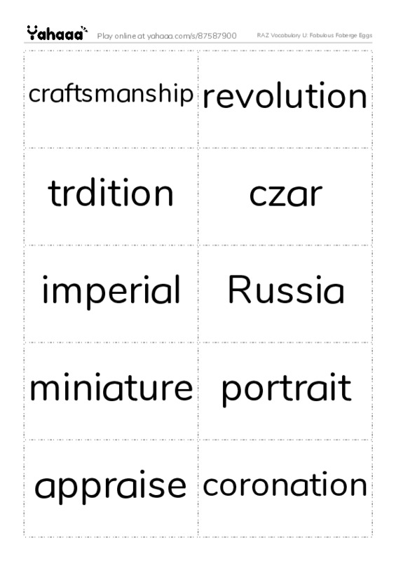 RAZ Vocabulary U: Fabulous Faberge Eggs PDF two columns flashcards