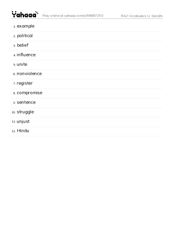 RAZ Vocabulary U: Gandhi PDF words glossary