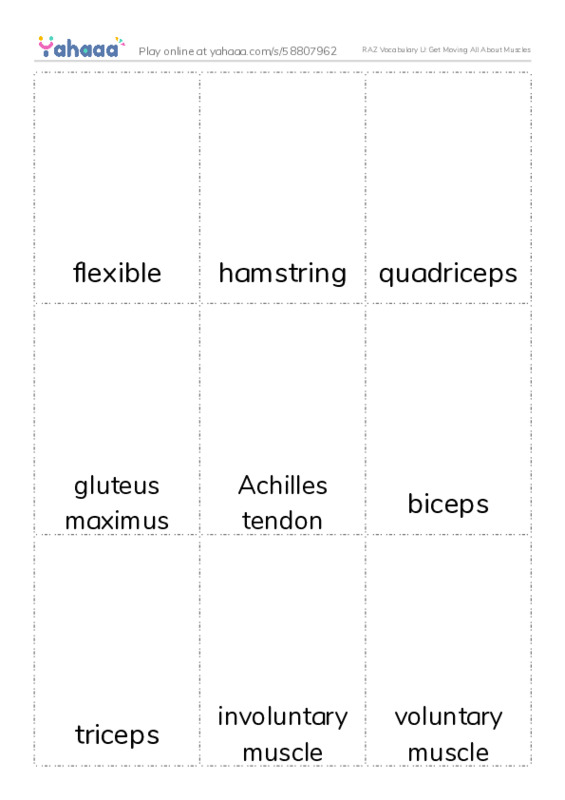 RAZ Vocabulary U: Get Moving All About Muscles PDF flaschards with images