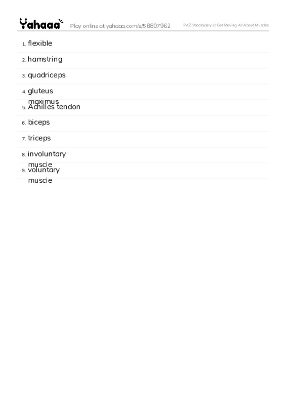 RAZ Vocabulary U: Get Moving All About Muscles PDF words glossary
