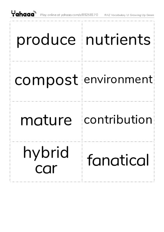 RAZ Vocabulary U: Growing Up Green PDF two columns flashcards