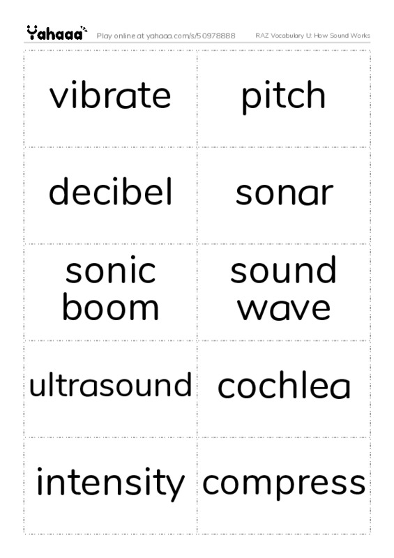 RAZ Vocabulary U: How Sound Works PDF two columns flashcards