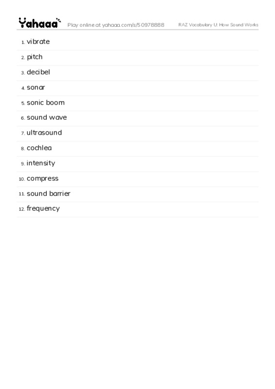 RAZ Vocabulary U: How Sound Works PDF words glossary