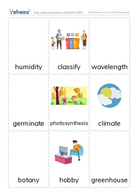 RAZ Vocabulary U: How to Build a Greenhouse PDF flaschards with images