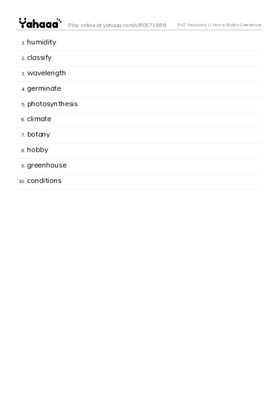 RAZ Vocabulary U: How to Build a Greenhouse PDF words glossary