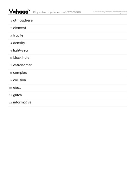RAZ Vocabulary U: Hubble An OutofThisWorld Telescope PDF words glossary