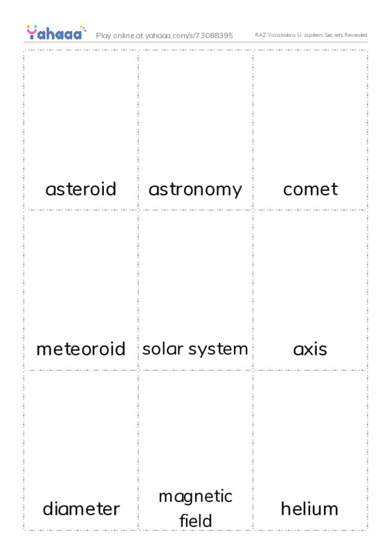 RAZ Vocabulary U: Jupiters Secrets Revealed PDF flaschards with images
