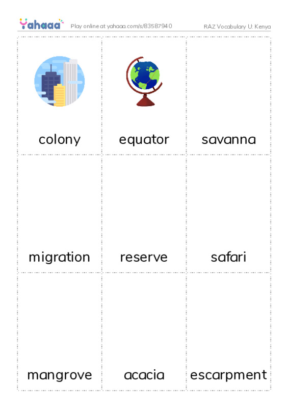 RAZ Vocabulary U: Kenya PDF flaschards with images