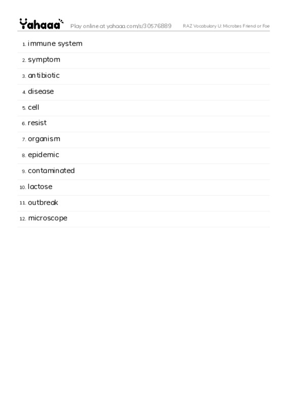 RAZ Vocabulary U: Microbes Friend or Foe PDF words glossary