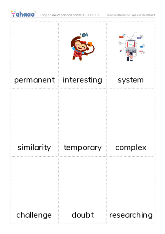 RAZ Vocabulary U: Pages School Report PDF flaschards with images