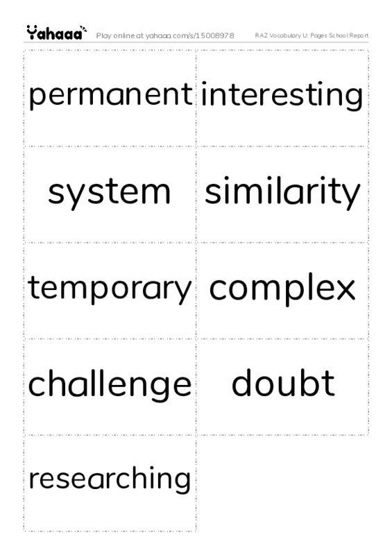 RAZ Vocabulary U: Pages School Report PDF two columns flashcards