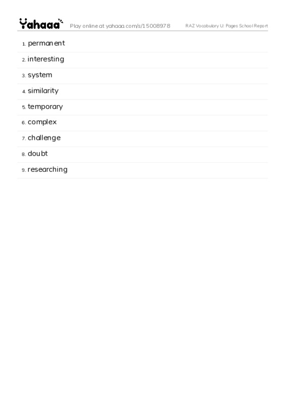 RAZ Vocabulary U: Pages School Report PDF words glossary