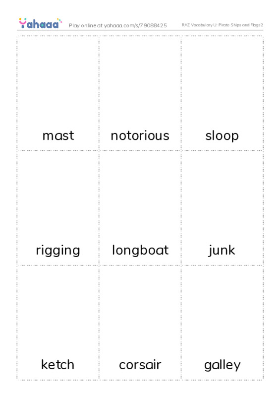 RAZ Vocabulary U: Pirate Ships and Flags2 PDF flaschards with images