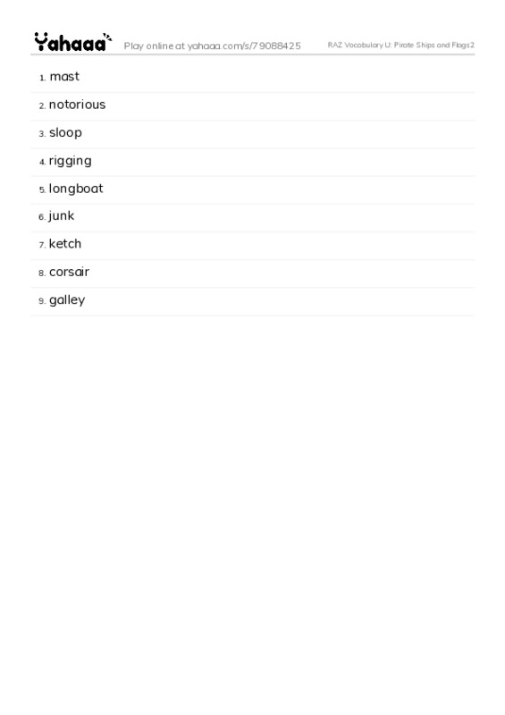 RAZ Vocabulary U: Pirate Ships and Flags2 PDF words glossary