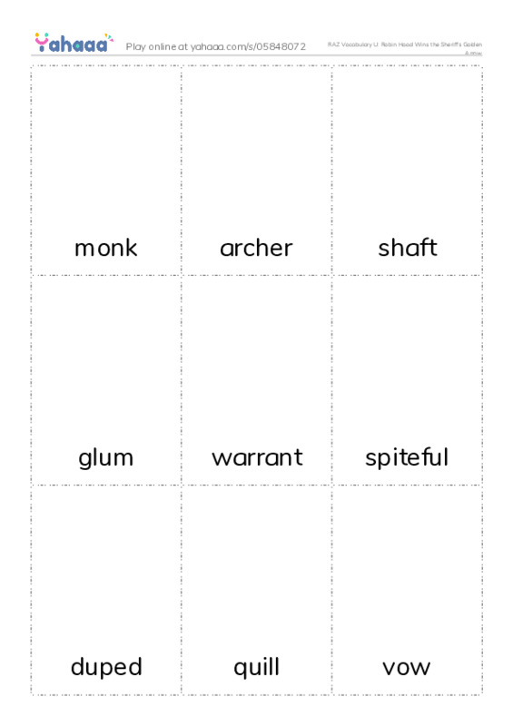 RAZ Vocabulary U: Robin Hood Wins the Sheriffs Golden Arrow PDF flaschards with images
