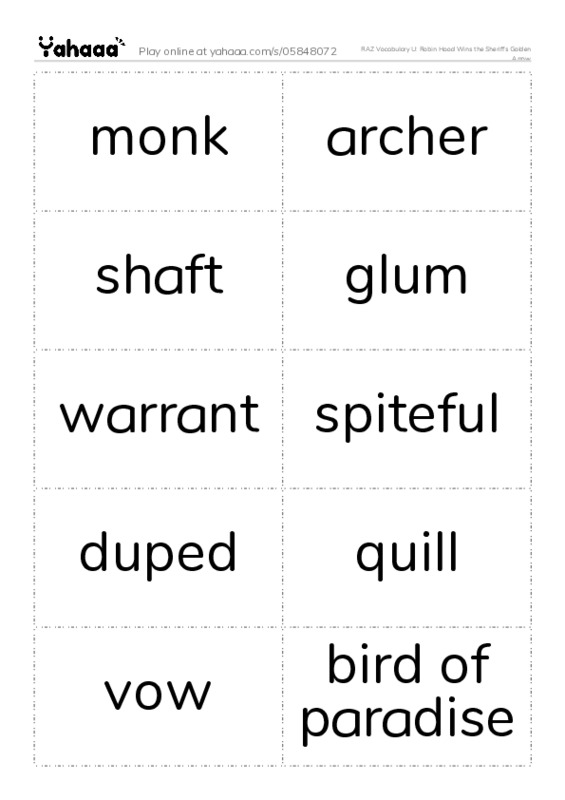 RAZ Vocabulary U: Robin Hood Wins the Sheriffs Golden Arrow PDF two columns flashcards