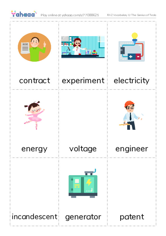 RAZ Vocabulary U: The Genius of Tesla PDF flaschards with images