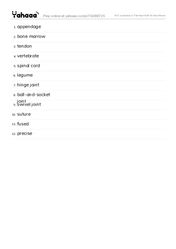 RAZ Vocabulary U: The Hard Stuff All About Bones PDF words glossary
