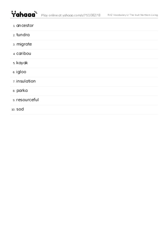 RAZ Vocabulary U: The Inuit Northern Living PDF words glossary