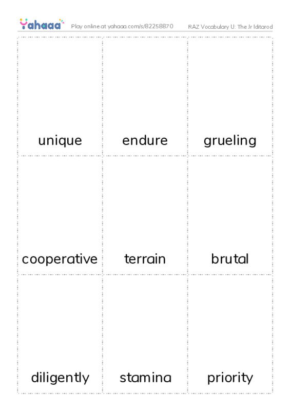 RAZ Vocabulary U: The Jr Iditarod PDF flaschards with images