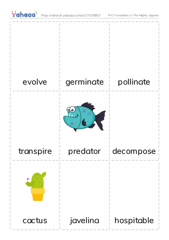 RAZ Vocabulary U: The Mighty Saguaro PDF flaschards with images
