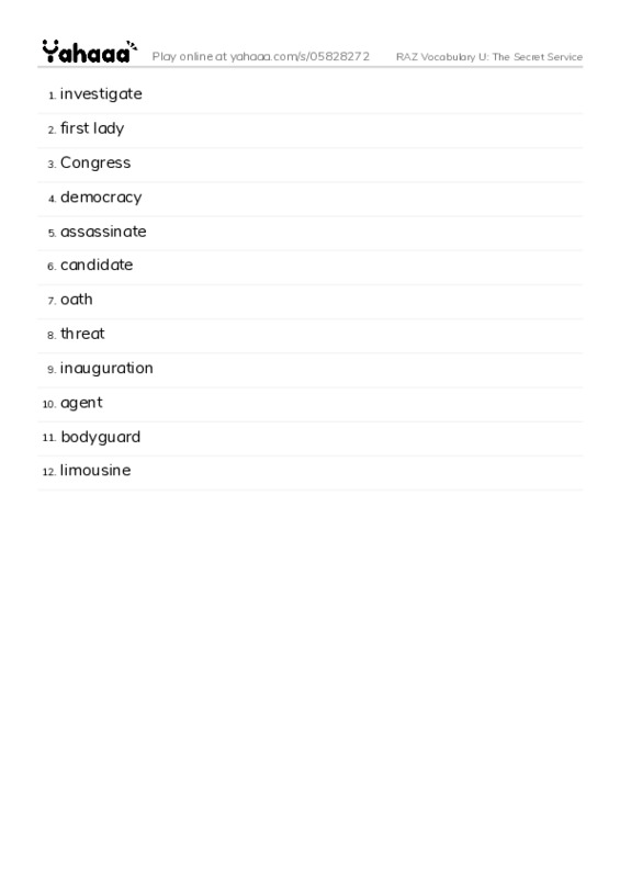 RAZ Vocabulary U: The Secret Service PDF words glossary