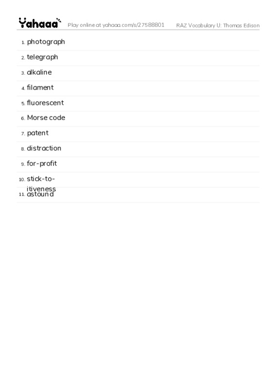RAZ Vocabulary U: Thomas Edison PDF words glossary