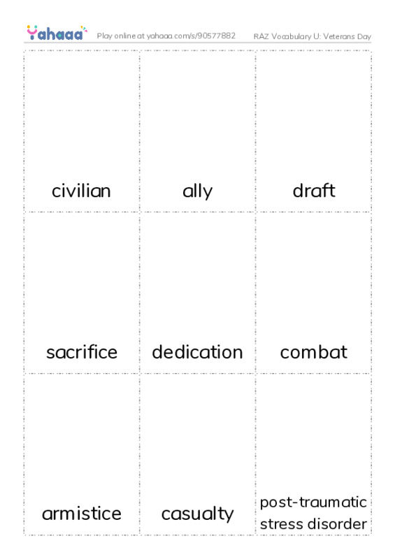 RAZ Vocabulary U: Veterans Day PDF flaschards with images