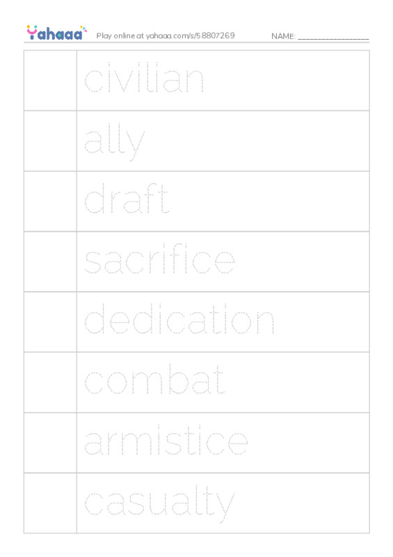 RAZ Vocabulary U: Veterans Day PDF one column image words