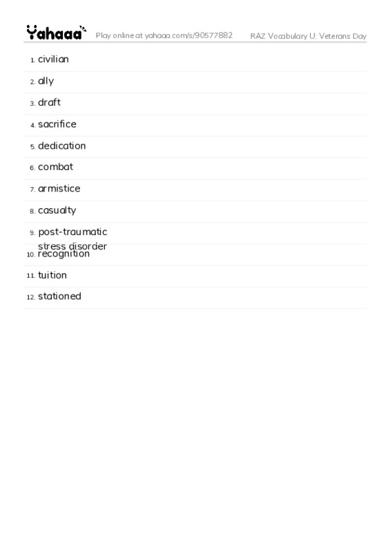 RAZ Vocabulary U: Veterans Day PDF words glossary