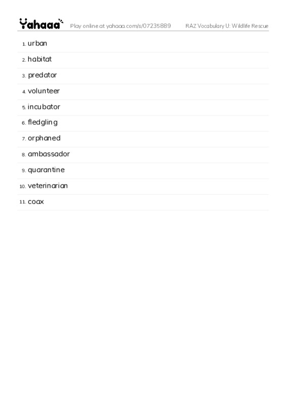 RAZ Vocabulary U: Wildlife Rescue PDF words glossary