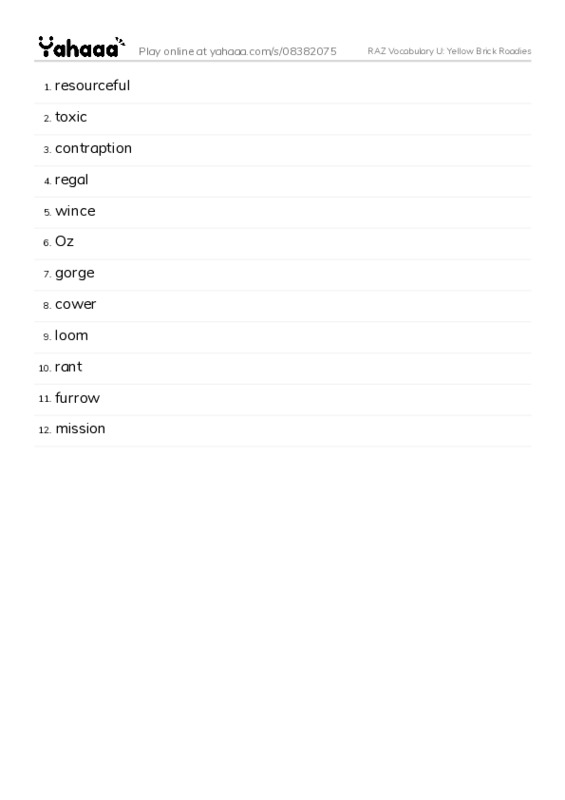 RAZ Vocabulary U: Yellow Brick Roadies PDF words glossary