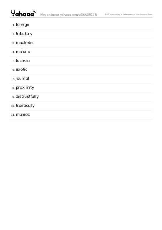 RAZ Vocabulary V: Adventure on the Amazon River PDF words glossary