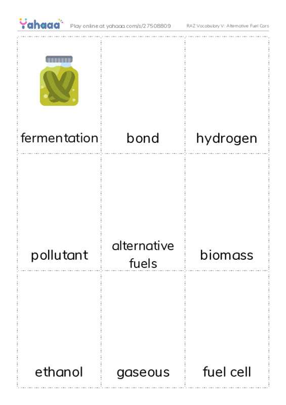 RAZ Vocabulary V: Alternative Fuel Cars PDF flaschards with images