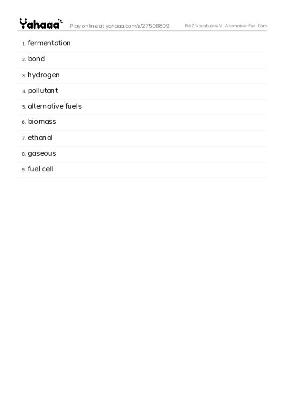 RAZ Vocabulary V: Alternative Fuel Cars PDF words glossary