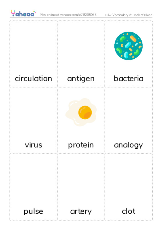 RAZ Vocabulary V: Book of Blood PDF flaschards with images