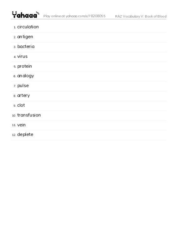 RAZ Vocabulary V: Book of Blood PDF words glossary