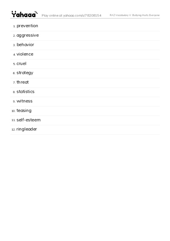 RAZ Vocabulary V: Bullying Hurts Everyone PDF words glossary