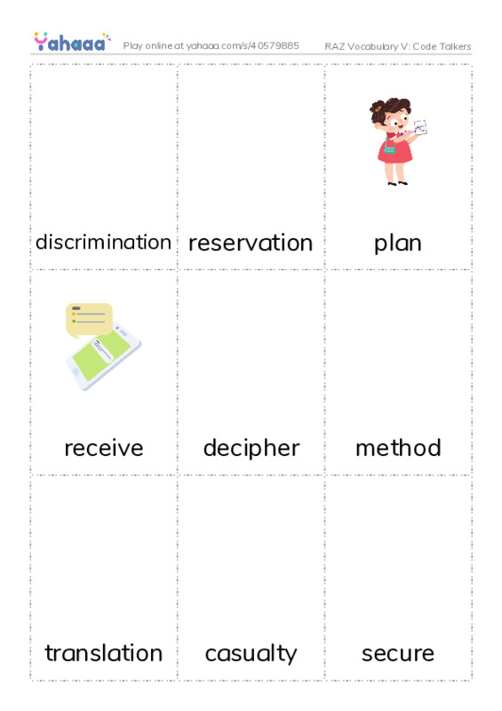 RAZ Vocabulary V: Code Talkers PDF flaschards with images